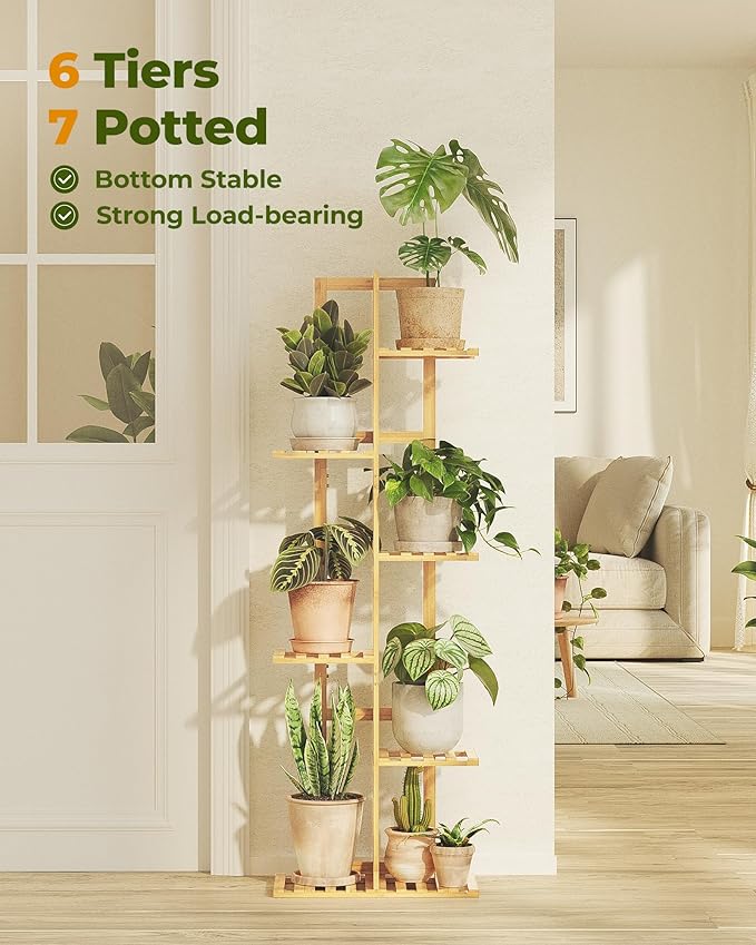 Bamworld Bamboo Plant Stand Indoor 6 Tiered Plant Shelf Outdoor Corner Plant - Image 4