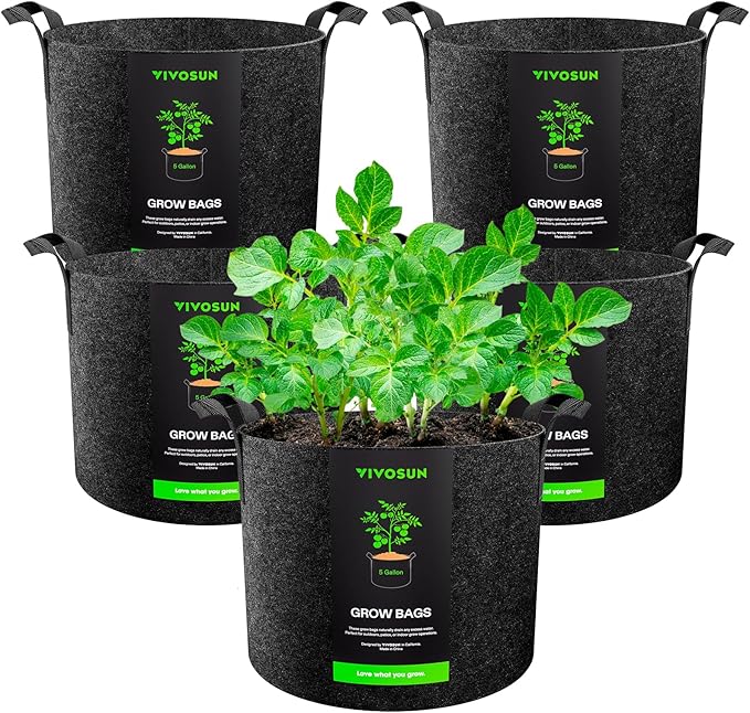 VIVOSUN 5-Pack 5 Gallon Grow Bags Heavy Duty 300G Thickened Nonwoven Plant by VIVOSUN