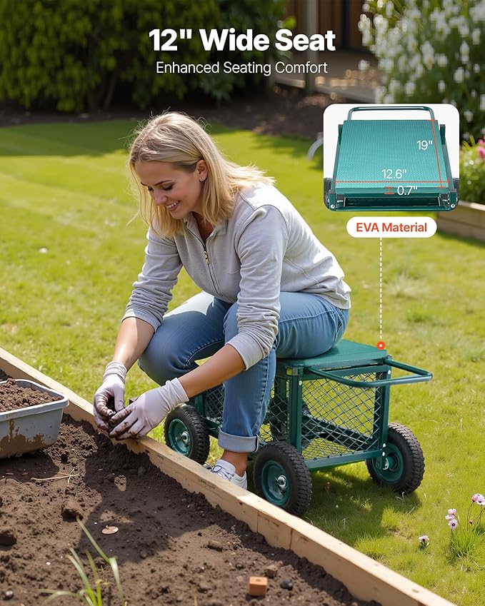VEVOR Rolling Garden Cart with Seat, Metal Rolling Garden Work Seat with Wheels - Image 4