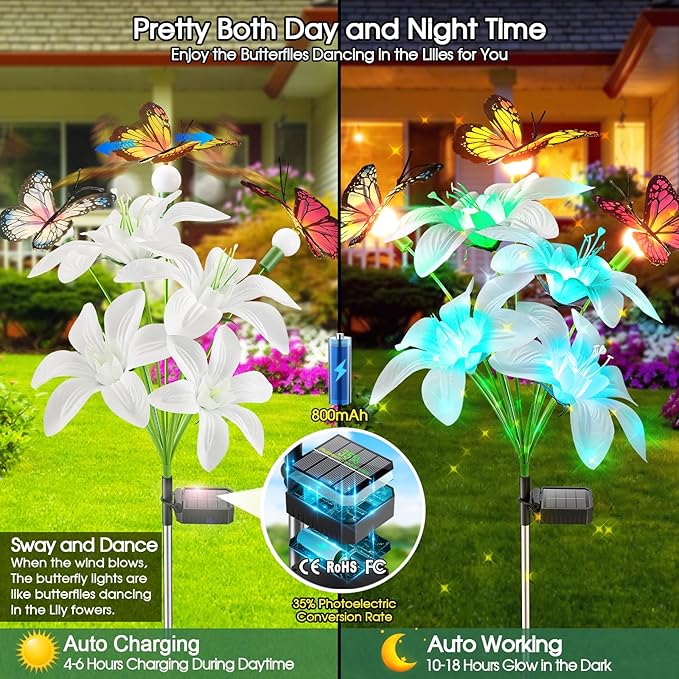 Garpar Solar Lily Lights with Swaying Butterflies, Upgraded Garden Solar Lights - Image 2