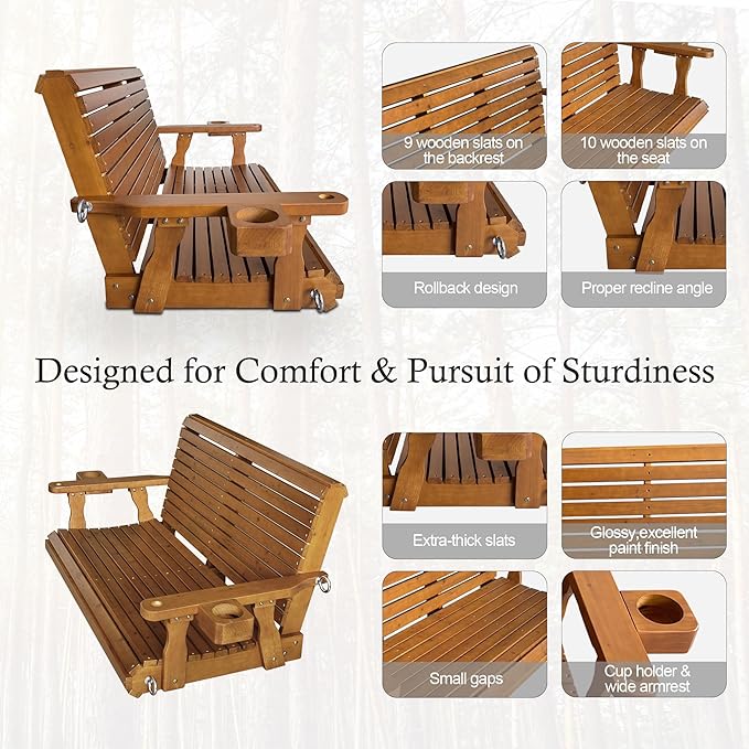 Wooden Porch Swing 2-Seater, High Backrest and Deep Seat, Bench Swing - Image 5