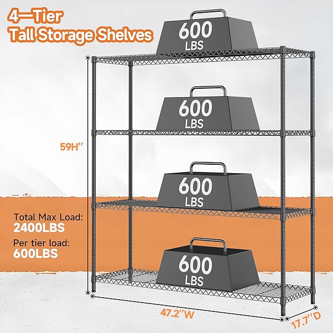 2400LBS 47.3" W Stand Shelf Wire Rust-Proof Outdoor Storage Shelving 4-Tier - Image 3