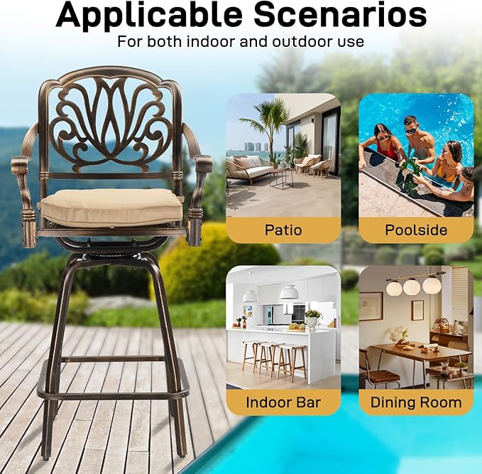 VINGLI Outdoor Swivel Bar Stools Set of 2, Cast Aluminum Patio Bar Height Chairs - Image 8