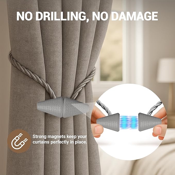 Hion Magnetic Curtain Tiebacks Grey 2pcs, Curtain Tiebacks Buckles Holdbacks - Image 7