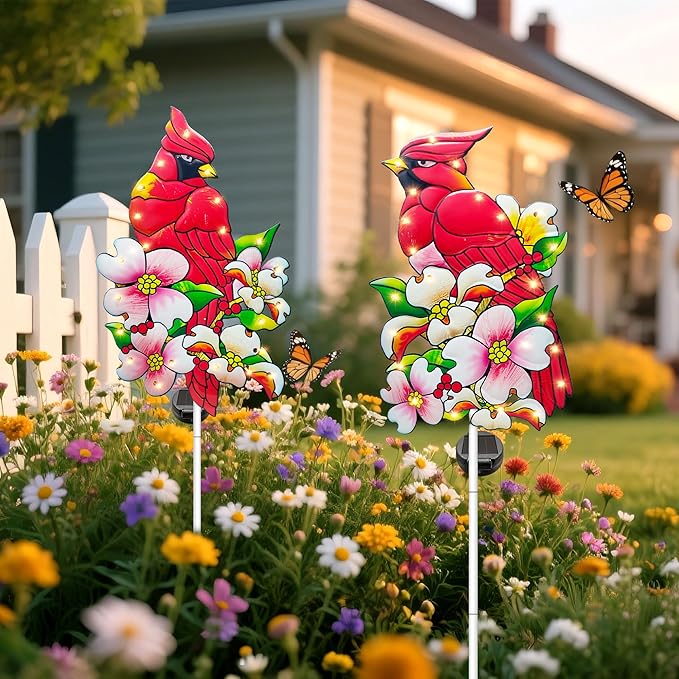 Hexagram Cardinal Garden Decor Yard Stakes, Lighted Metal Red Bird Garden - Image 5