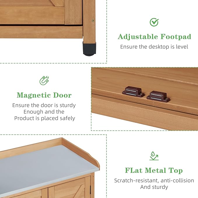 Outdoor Potting Bench with Storage Cabinet and Metal Top, Wood Workstation - Image 5