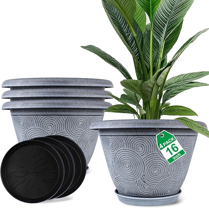 16 Inch Large Planter Pot for Plants Indoor Outdoor, 4 Pack Plastic Flower Pots by Fodetyff
