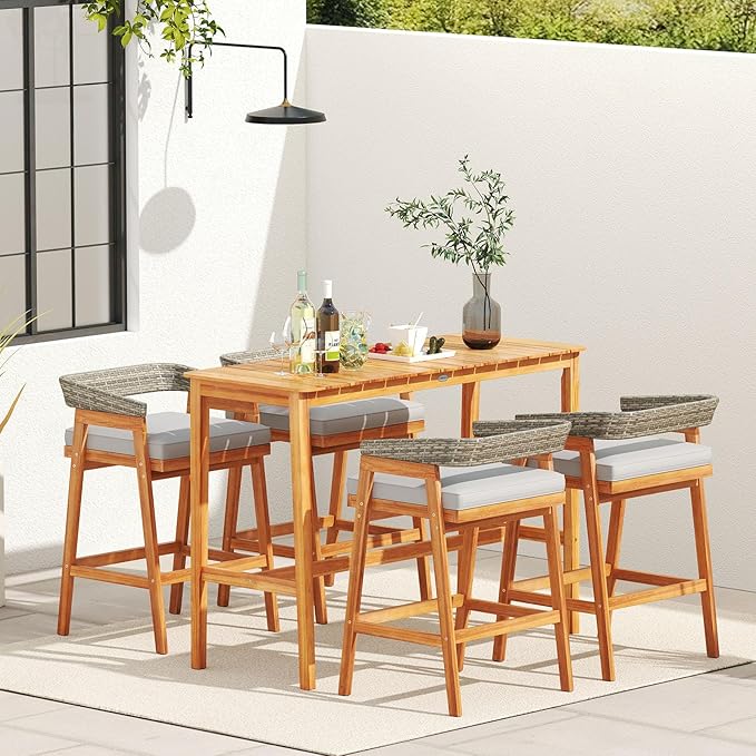 Tangkula 3 Piece Patio Bar Set, Outdoor Acacia Wood Counter Height Table - Image 4