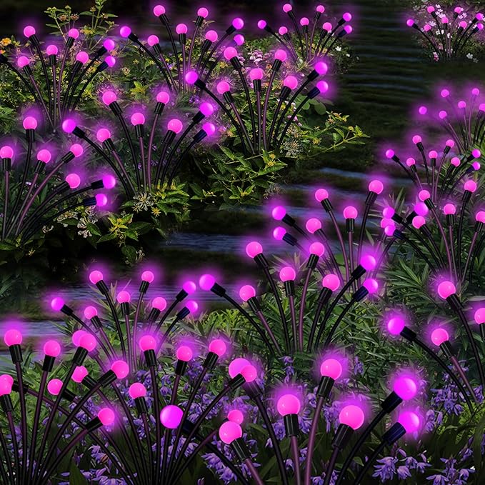 Kohlrabi Solar Garden Lights Outdoor, 6 Pack 60 LED Pink Firefly Lights - Image 5