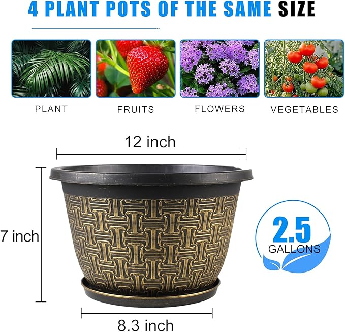 4 Pack 12 Inch Plant Pots, Large-Plant-Flower-Planters-Plastic, Flower Pots - Image 3