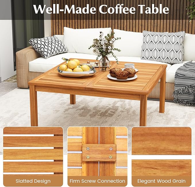 Tangkula Patio Wood Coffee Table, Solid Acacia Wood 35.5 Inches Side Table - Image 7