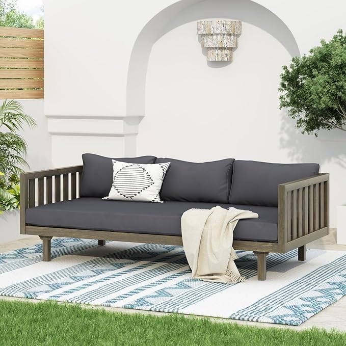 Merax Solid Acacia Wood Couch Chaise Lounge Chair Indoor, 3 Seater Daybed Sofa - Image 6