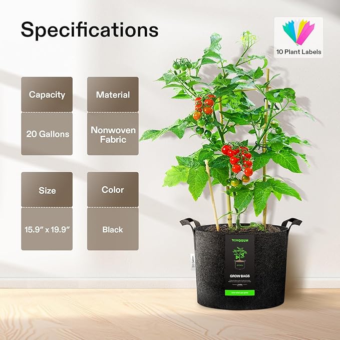 VIVOSUN 5-Pack 20 Gallon Plant Grow Bags, Heavy Duty Thickened Nonwoven Fabric - Image 6