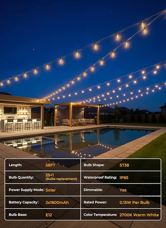 Brightown 58FT Solar String Lights Outdoor Waterproof, Patio Lights - Image 8