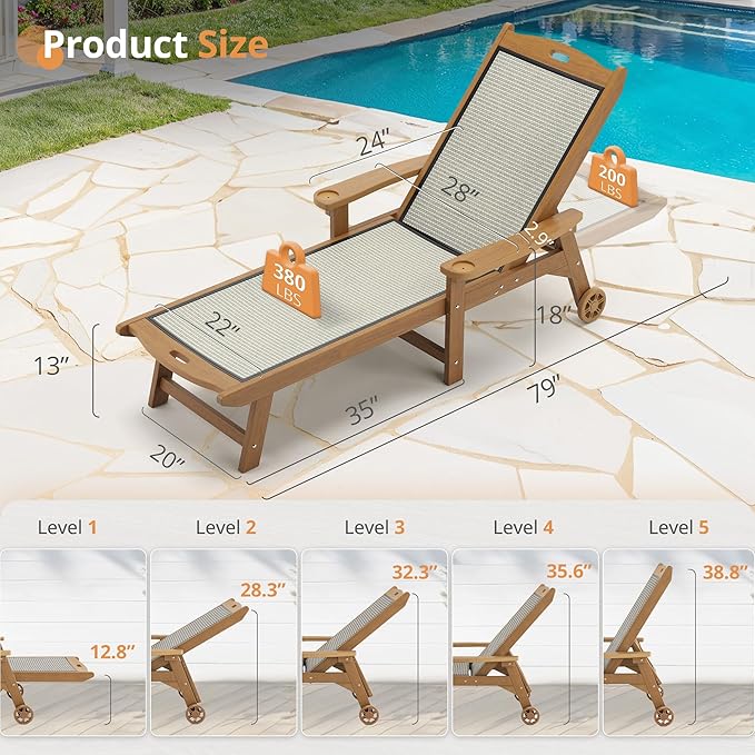 LUE BONA Chaise Lounge Chair Outdoor Set of 4, HDPS and HDPE Wicker Material - Image 3