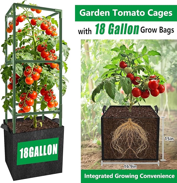 3 Set Square Tomato Cages with 18 Gallon Grow Bags, Plant Support Tower Stakes - Image 2