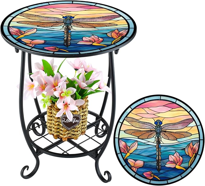 Outdoor Side Table Round Small Mosaic Patio Accent Indoor End Plant Coffee Tea by Cinnvoice