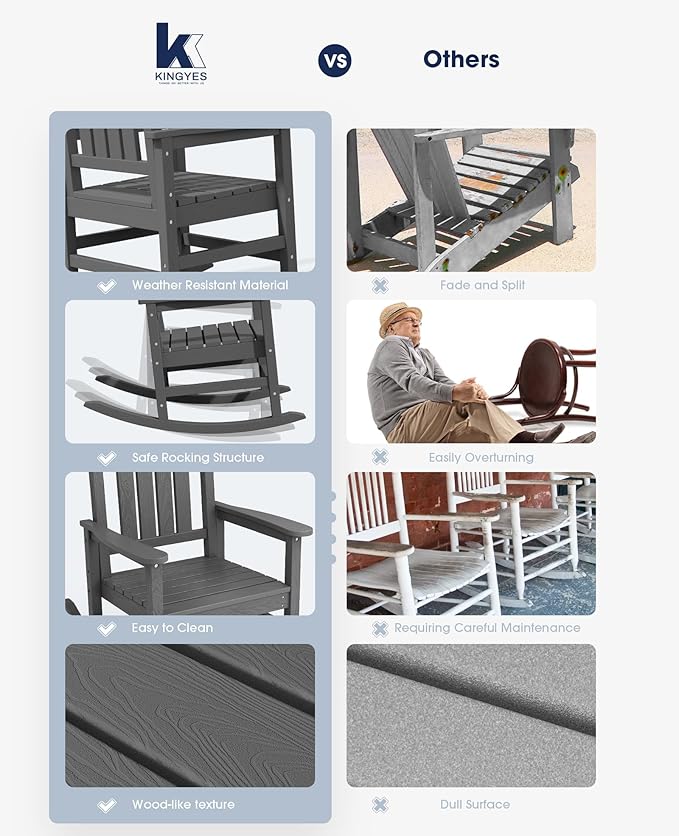 KINGYES HDPE Patio Rocking Chair Set of 4, Outdoor Rocking Chairs Porch Rocker - Image 5