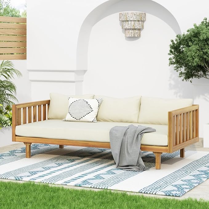 Merax Solid Acacia Wood Couch Chaise Lounge Chair Indoor, 3 Seater Daybed Sofa - Image 5