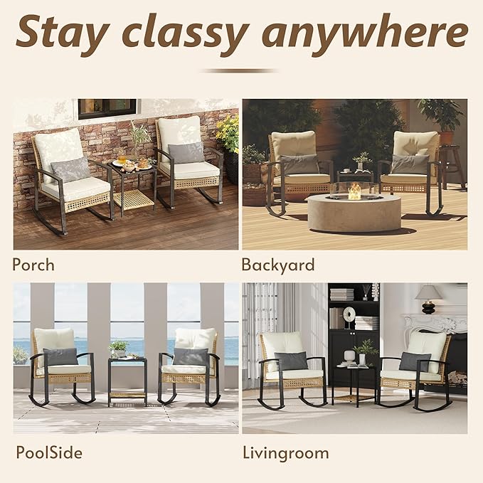 3 Piece Patio Rocking Chairs Set of 2, Outdoor Rocking Chair Bistro Set - Image 7
