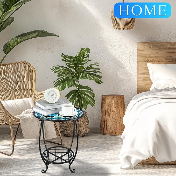 Outdoor Side Table Round Small Mosaic Patio Accent Indoor End Plant Coffee Tea - Image 4