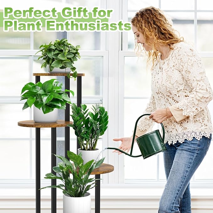 5 Tier Wood Tall Plant Stand Metal Rack Indoor, Round Planter Shelf Display - Image 7