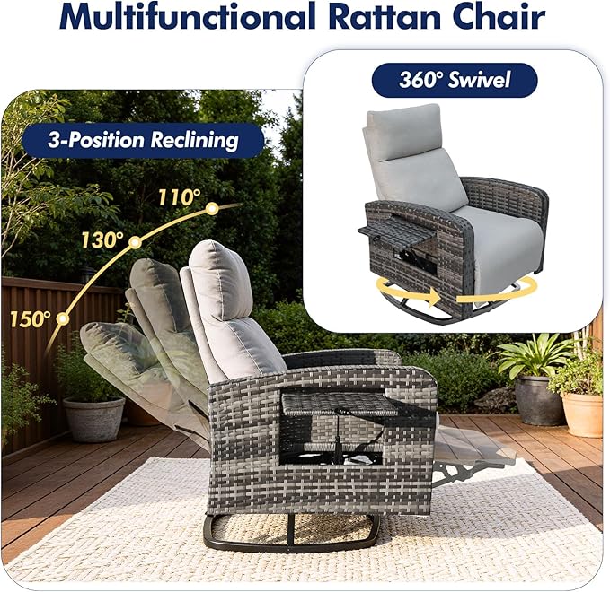 Outdoor Recliner Chair Set of 2, Wicker Patio Recliners - Image 3