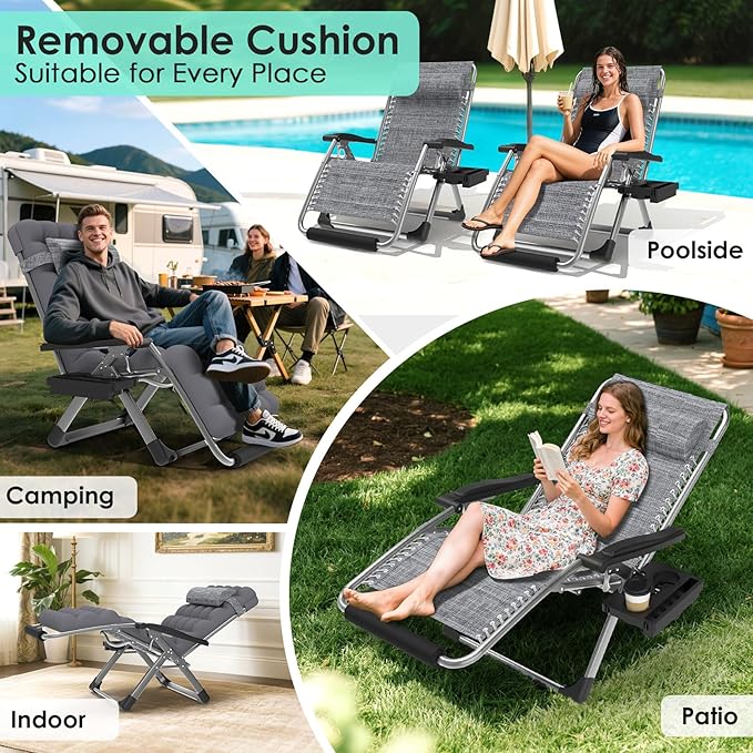 Suteck Oversized Zero Gravity Chair, 33In XXL Lounge Chair w/Removable - Image 3