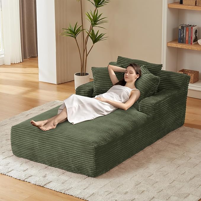 80 Inch Chaise Lounge Chair Indoor, Oversized Corduroy Upholstered Boneless by HANXIN