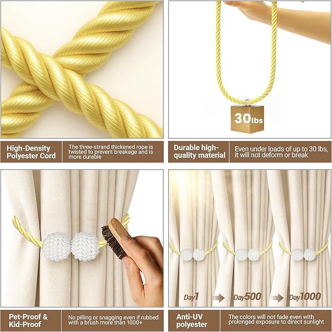 Hion Magnetic Curtain Tiebacks Golden 6 Pack, Curtain Tiebacks Buckles - Image 4