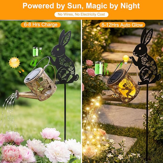 Solar Watering Can Light with Bunny Silhouette Stake & Fairy Design - Image 4