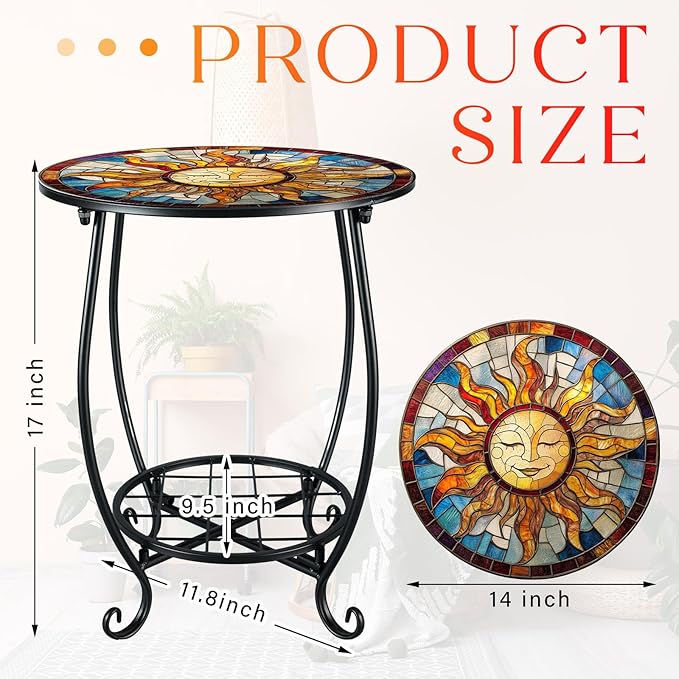 Outdoor Side Table Round Small Mosaic Patio Accent Indoor End Plant Coffee Tea - Image 3