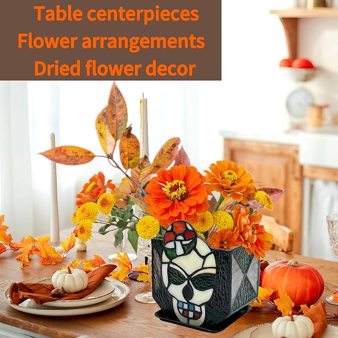Tiffany Stained Glass Skull Planter, Planters - Image 5