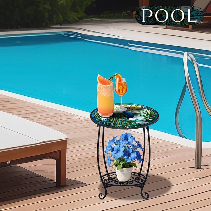 Outdoor Side Table Round Small Mosaic Patio Accent Indoor End Plant Coffee Tea - Image 6