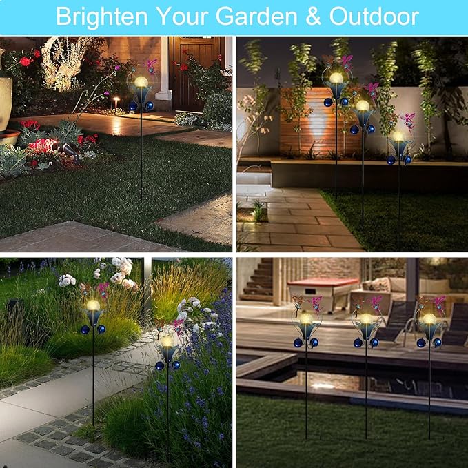 VCUTEKA Solar Lights Outdoor Metal Garden Stake Waterproof Crackle Glass Globe - Image 6