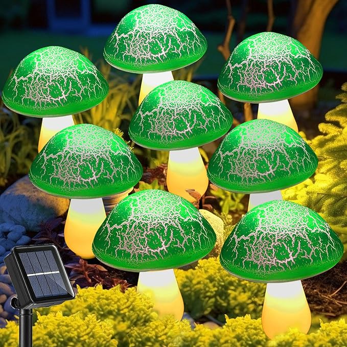 Solar Mushroom Lights Garden Decor 8 Green Crack Mushrooms Outdoor Decor Stake by Viewpick