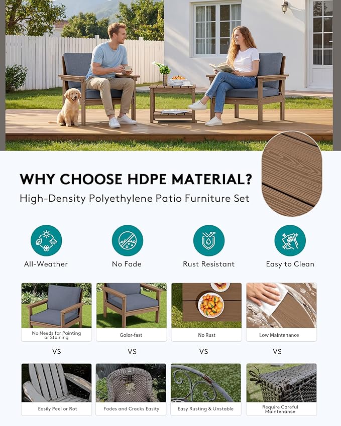 SERWALL HDPE Patio Sofa Set, 3-piece Sectional Outdoor Furniture Set, All - Image 3