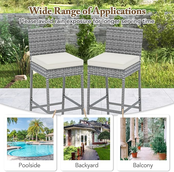 HAPPYGRILL Patio Wicker Barstools Set of 2, Outdoor Bar Height Chair w/Soft - Image 9
