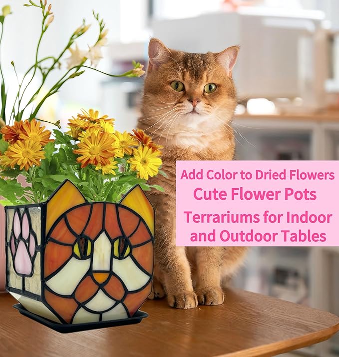 Stained Glass Orange Cat Planter, Indoor Flower Pots - Image 2