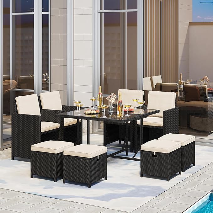 Yaheetech 9-Piece Patio Dining Sets, Outdoor Space Saving Rattan Chairs - Image 2