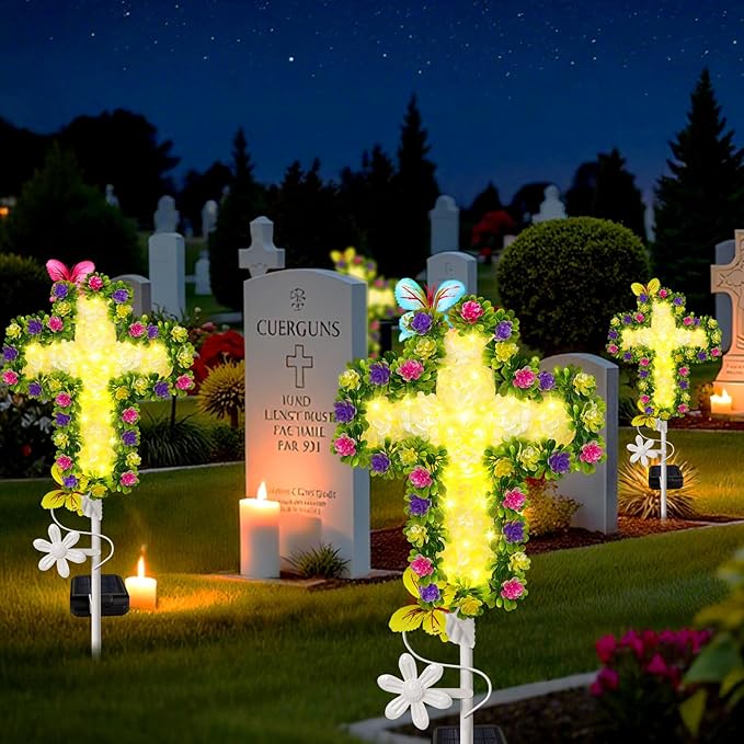 YJFWAL Solar Flower Cross for Cemetery Grave, Grave Decorations for Cemetery - Image 4