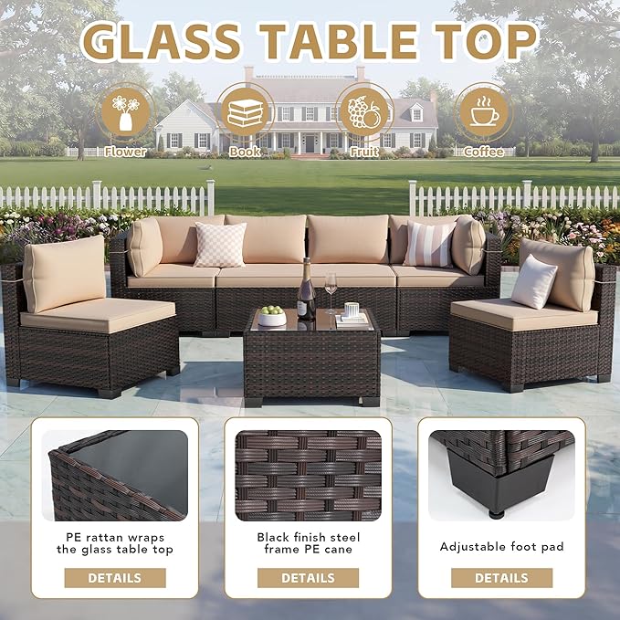 LEVELEVE 7 Pieces Outdoor Patio Furniture Sets, Rattan Conversation Sectional - Image 5