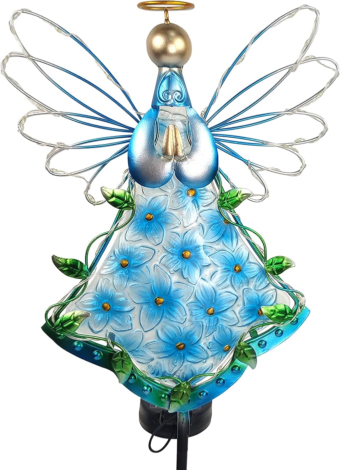 38Inch Angel Solar Lights Outdoor Decorative-Metal&Glass Angel Blue Hydrangea by COOZZYHOUR