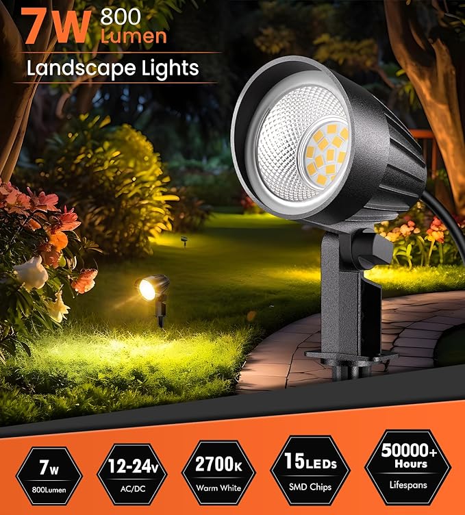 MEIKEE 7W 800LM Low Voltage Landscape Lighting, 12V 24V 2700K Warm White LED - Image 2