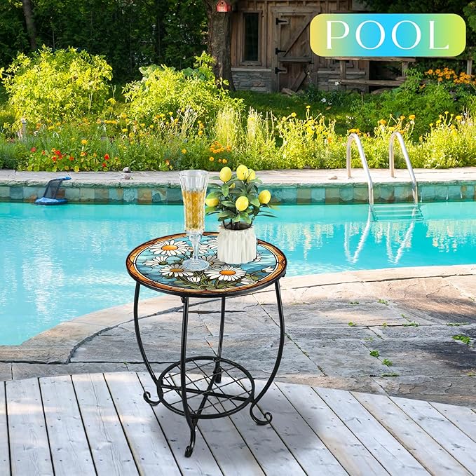 Outdoor Side Table Round Small Mosaic Patio Accent Indoor End Plant Coffee Tea - Image 6