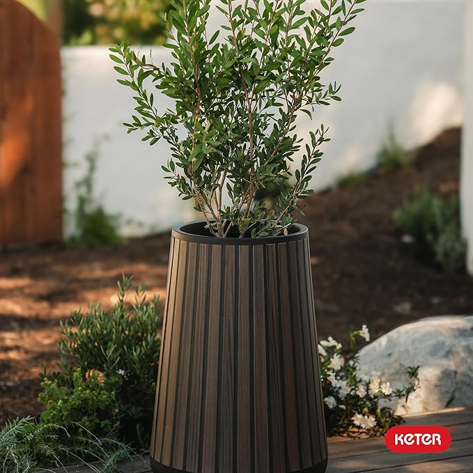Keter Signature Conic 28.5 Inch Tall Round Large Wood Look Planter - Image 11