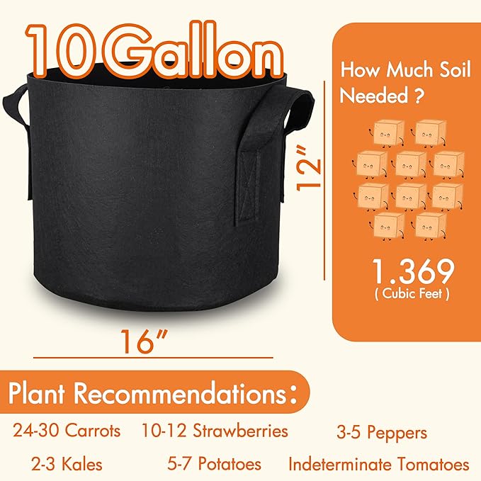 Gardzen 10-Pack 10 Gallon Grow Bags, 300G Thickened Aeration Fabric Pots - Image 2