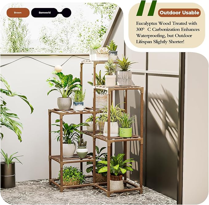 Bamworld Plant Stand Indoor Plant Shelf Outdoor Corner Wood Plant Table 7 Pots - Image 4
