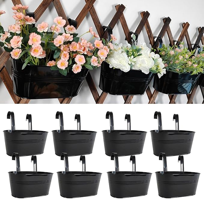 8 Pack Metal Hanging Planter for Outdoor Plants, 10 Inch Black Fence Planters by JOYFERNAL