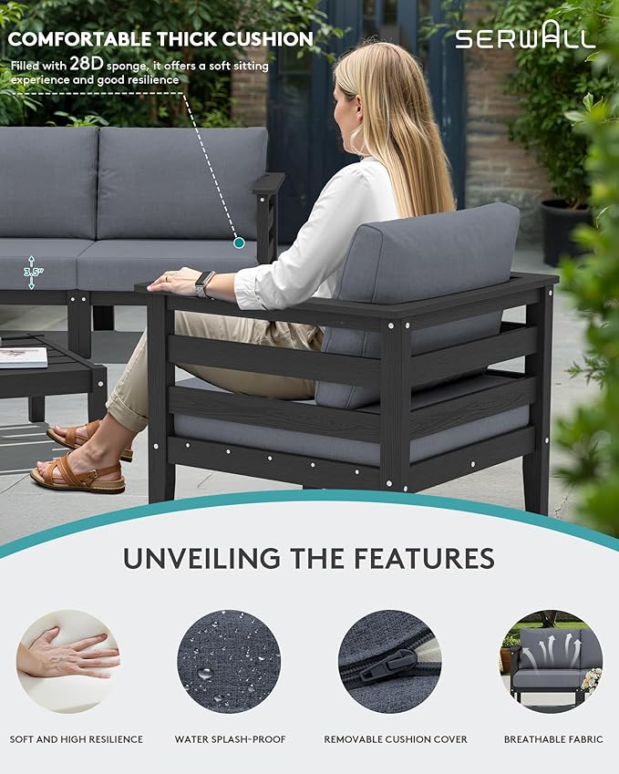 SERWALL HDPE Patio Furniture Set, 4 Pieces Outdoor Sectional Sofa Set, - Image 5